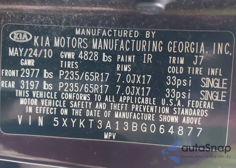 2011 Kia Sorento Lx z USA, uszkodzony, nr VIN 5XYKT3A13BG064877